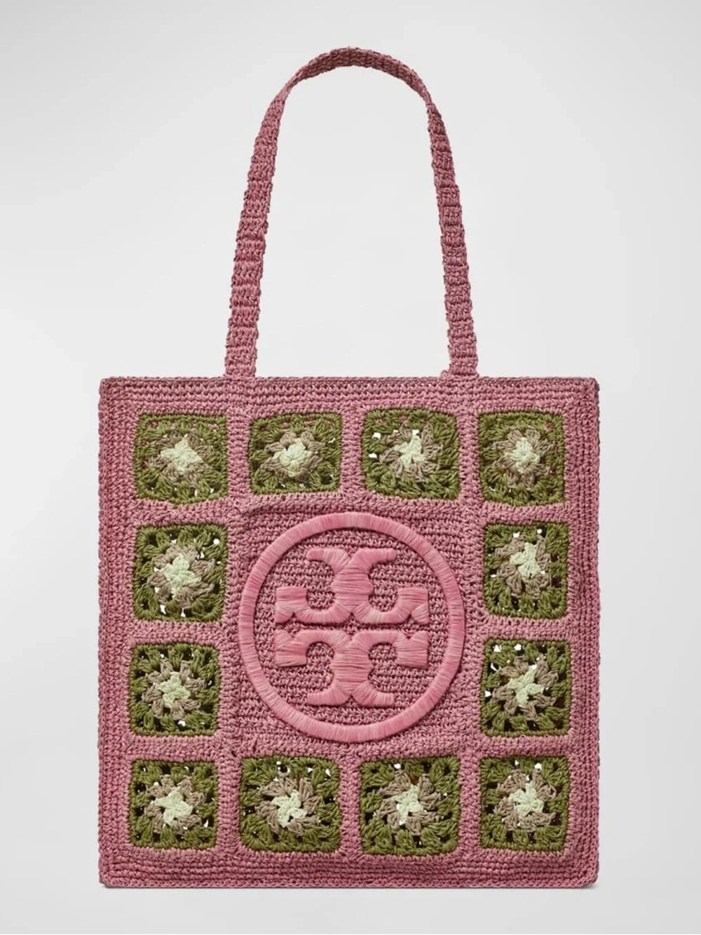 Rare TORY BURCH Large Ella Crochet Floral Pink Green Tote Bag India Beach Summer